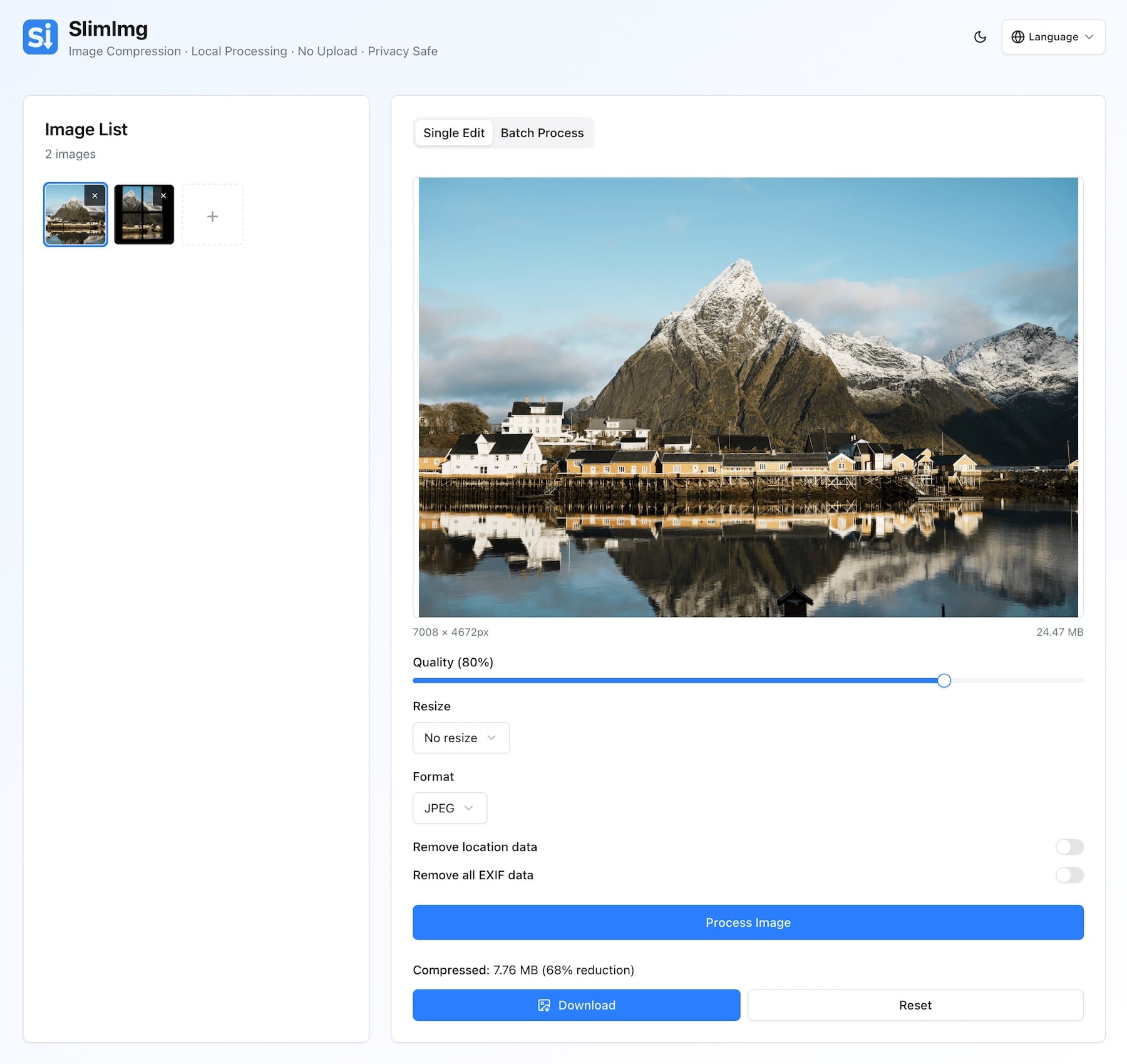 Screenshot: SlimImg interface showing before–after preview