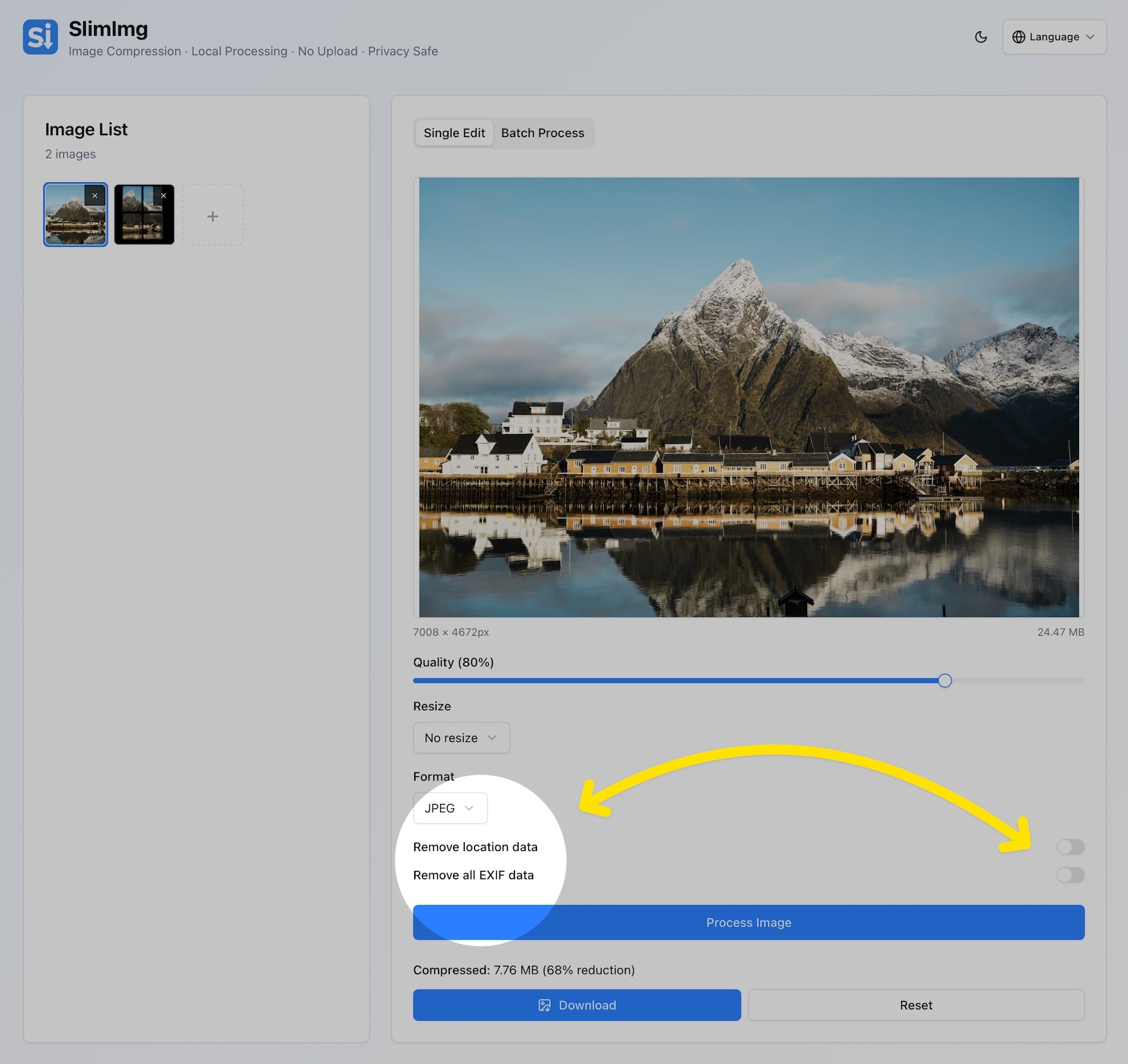 Screenshot: SlimImg interface with “Remove EXIF” switch enabled
